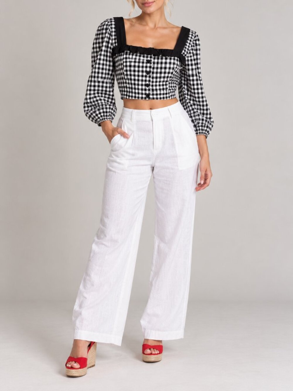 BCBGeneration Crop Top Ruffled Gingham Black White Blouse Top Shirt Sz S NWT $78